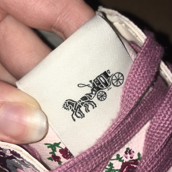 Coach 🐎 Floral Pink Shimmer Genuine Leather High Top Shoes - Picture 4 of 7